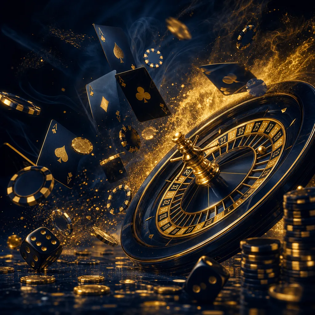 Elegant casino-themed banner featuring floating poker chips and glowing dice against a glossy 3D backdrop.