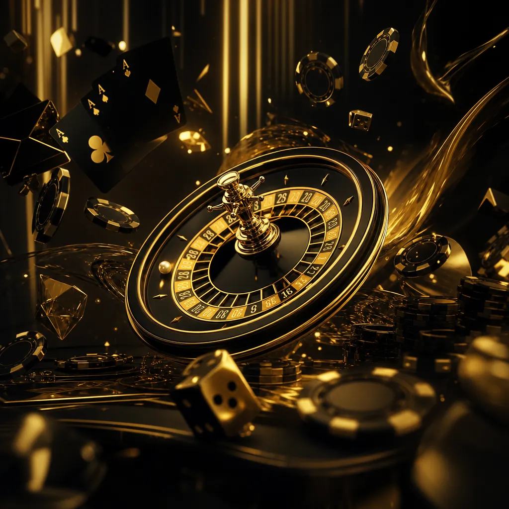 Casino-themed image with neon lights, floating dice, and poker chips in a vibrant, luxurious setting.